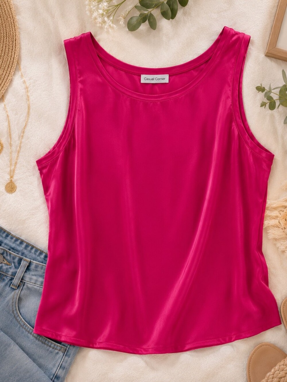 Vintage 100% Silk Fuchsia Tank Blouse Size Large Sleeveless Pink Scoop Neck